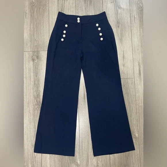 Veronica Beard Navy Blue Pearl Accent Adley Wide Leg Sailor Pants 6 - Picture 3 of 11